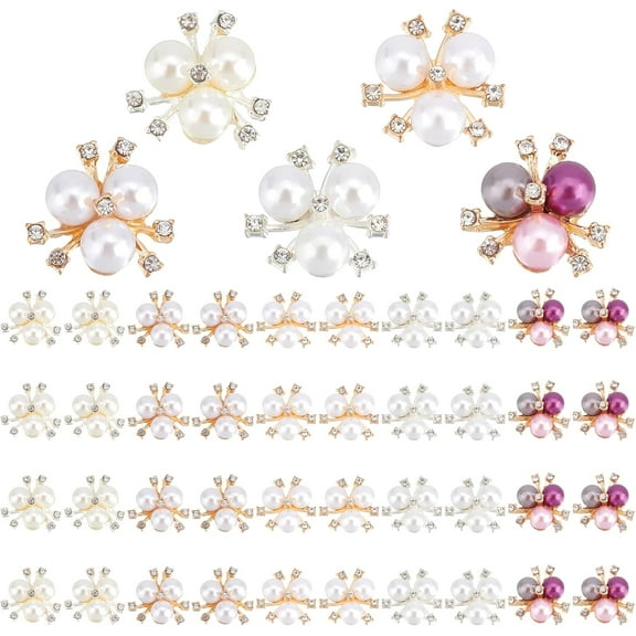 1box 50pcs Pearl Rhinestone Buttons Faux Pearl Embellishments Pearl Brooch Flatback Embellishments Buttons Flower Rhinestone Button for Jewellery Making Clothes Bags Shoes Wedding