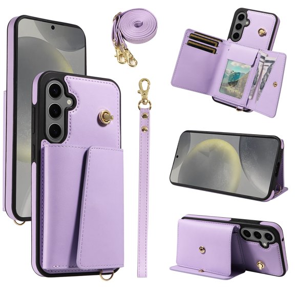 Wallet Case for Samsung Galaxy S23 FE, PU Leather TPU Shockproof Cover with Card Slots, Cash Pocket, Long & Short Straps, Kickstand, Button Closure, Gift for Women Men Family Friends, Purple