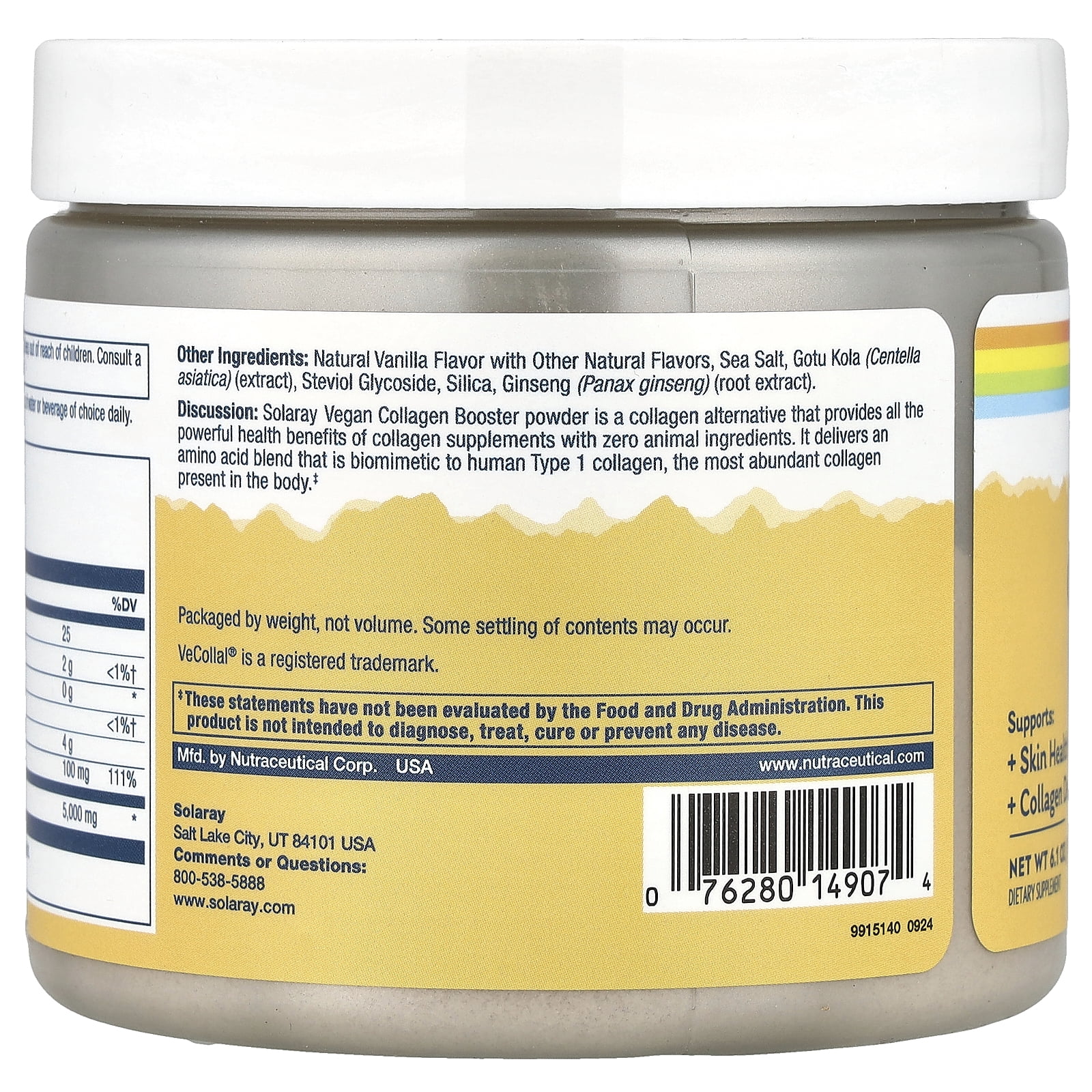 Solaray Vegan Collagen Booster Powder, Natural Vanilla , 6.1 oz (173 g)