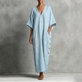 thumbnail image 2 of Levmjia Women's V Neck Dress Short Sleeve Solid Color Casual A Line Dress with Side Buttons Cotton Linen Blend Pockets Beach Vacation Daily Wear, 2 of 6