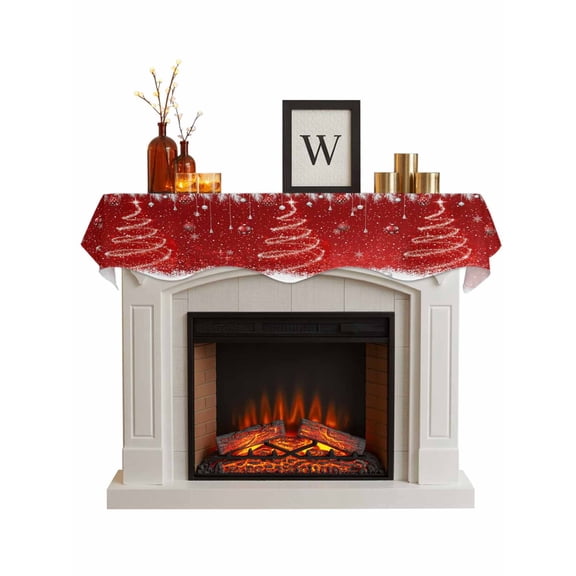 Red Christmas Tree Fireplace Mantle Scarf, Xmas Balls Snowflake Pine Needles Mantel Cover Table Runner for Home Living Room Door Window, Indoor Outdoor Holiday Party Decor 17" x 90"