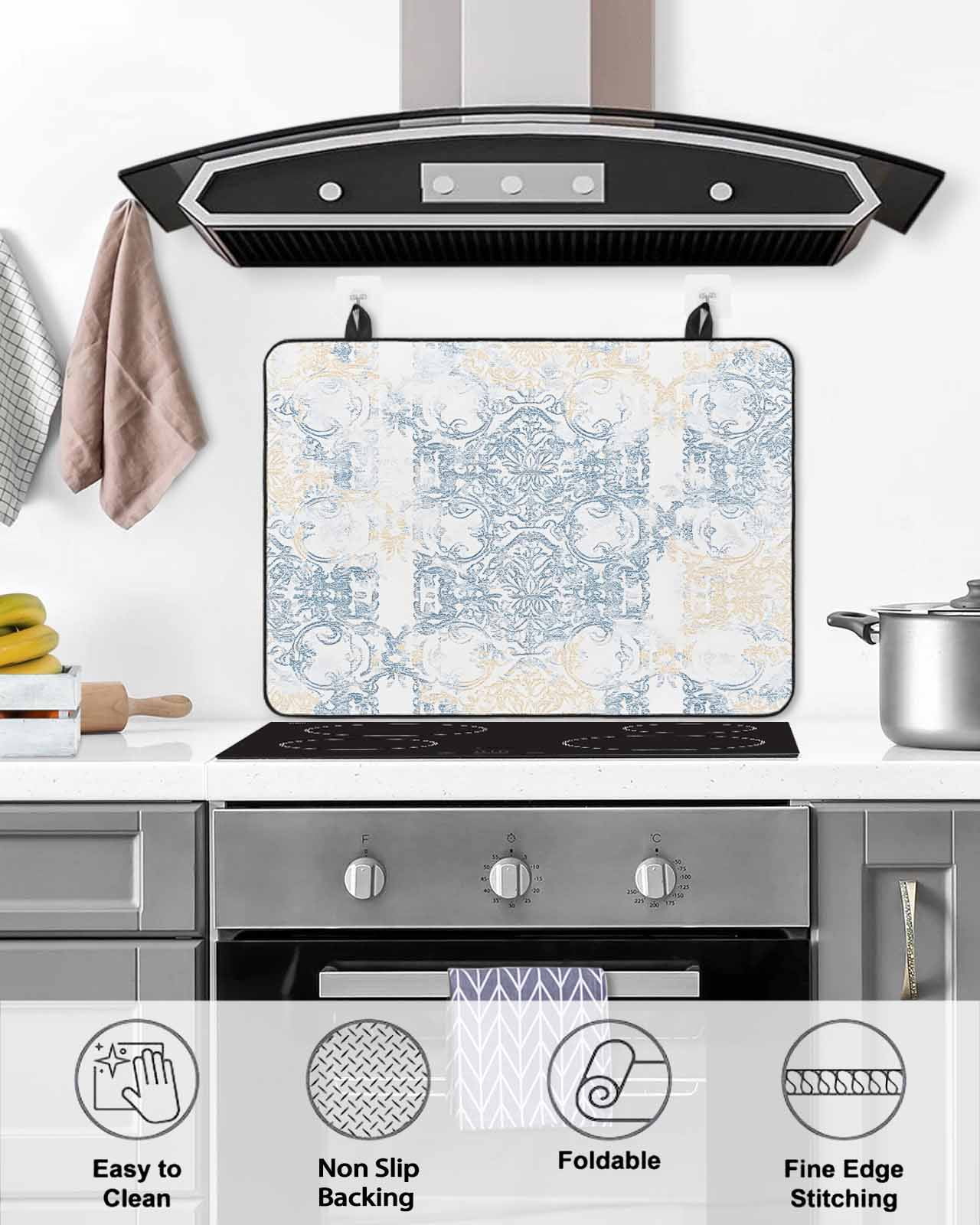 nqOlkjepod Large Induction Cooktop Protector Mat 36"x21", Vintage Yellow Blue Stove Top Covers for Electric Stove, Abstract Art Floral Decorative Stove Burner Cover Mats, Glass Top Stove Cover