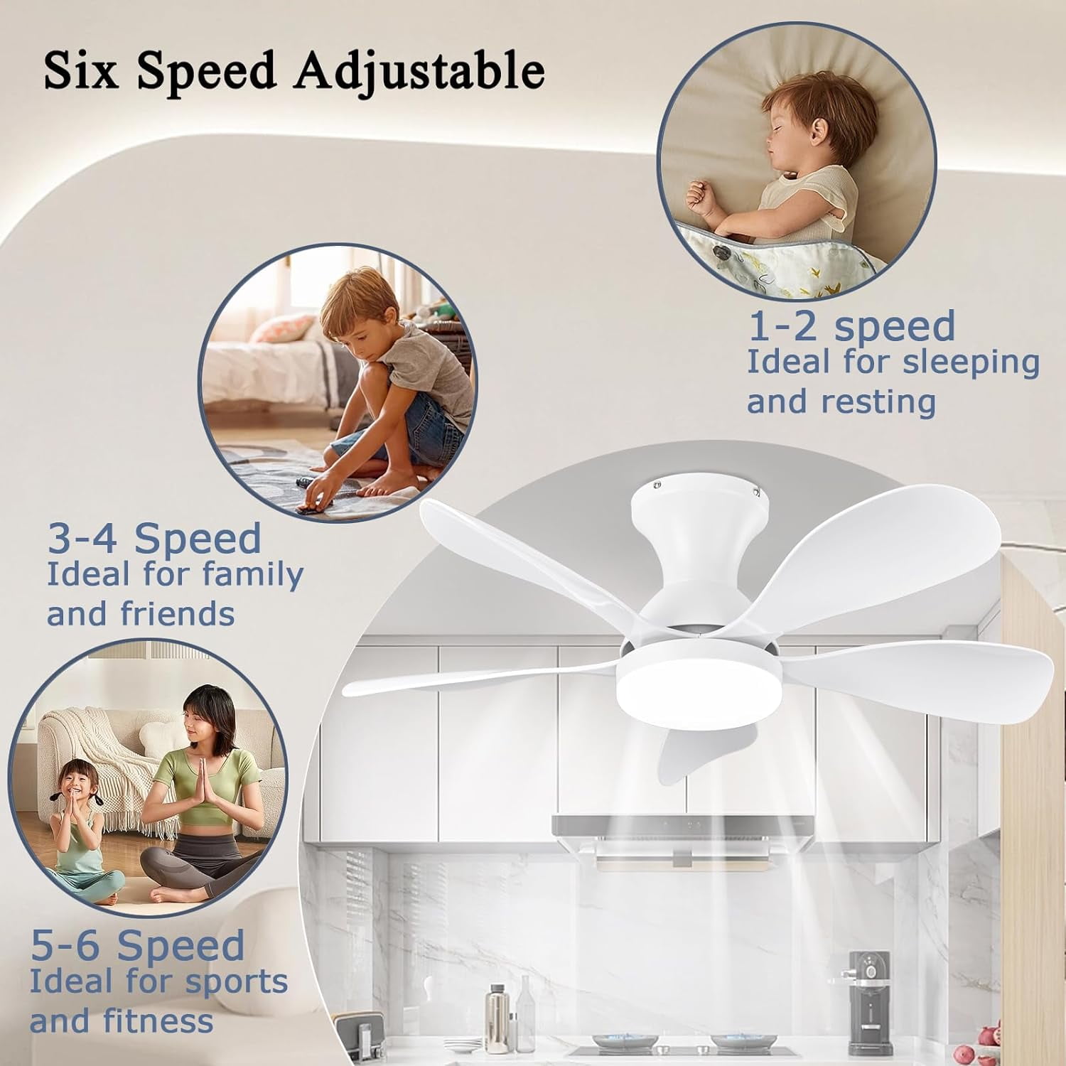 33In Low Profile Ceiling Fans with Lights and Remote/APP Control, White Modern Flush Mount Ceiling Fan with 5 Reversible Blades for Outdoor Patio,Small Room,Bedroom