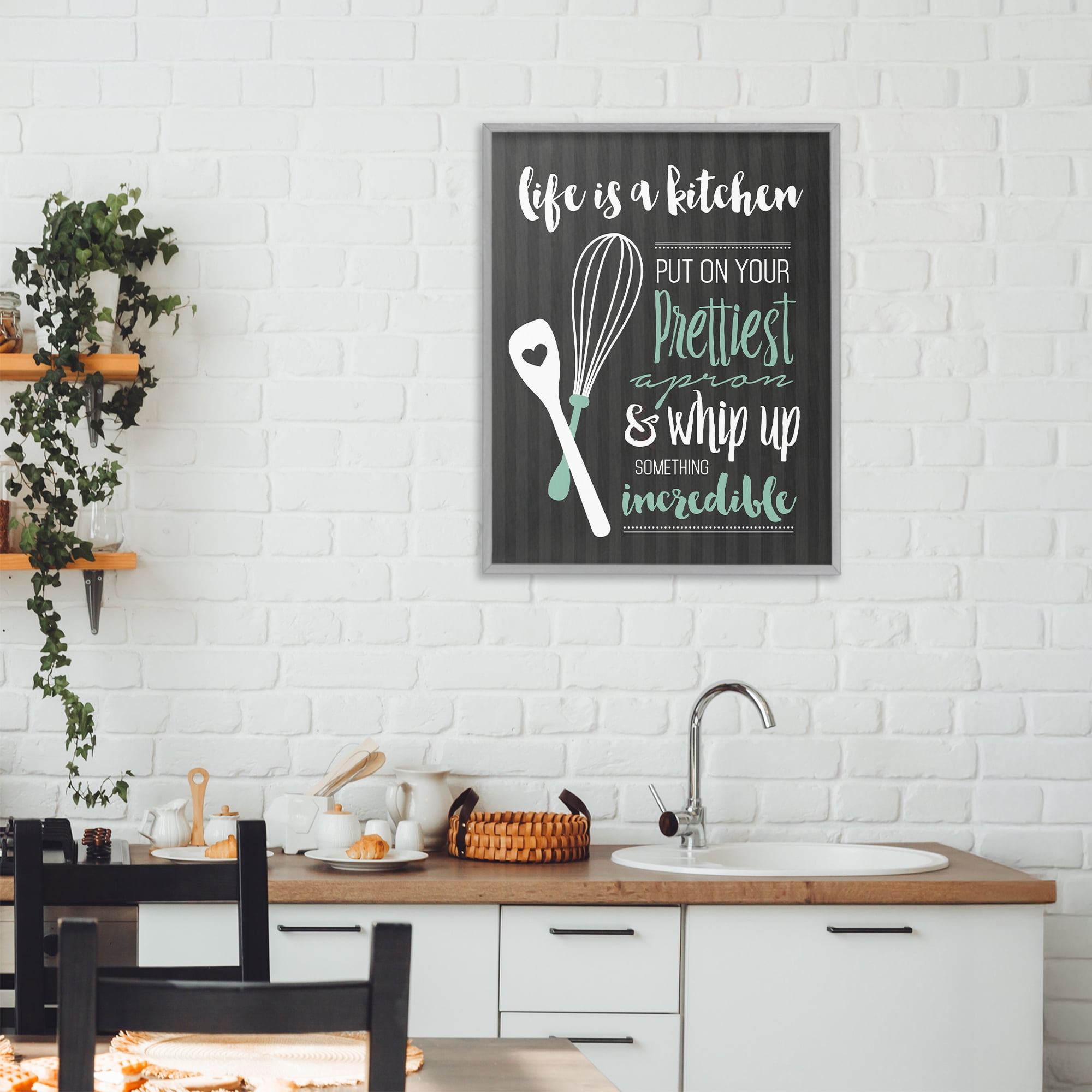 Life Is A Kitchen Motivational Gray Framed Giclee Art, design by Lettered and Lined