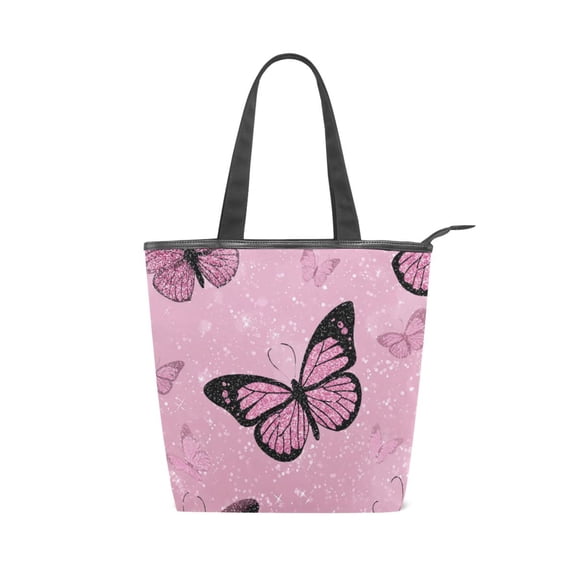 Zipper canvas bag large capacity large size practical handbag durable Canvas with leather material Pink Sequin Butterfly
