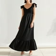thumbnail image 2 of Vestido largo de verano con cuello en V, mangas casquillo y fruncido para mujer - Color liso, cintura alta y corte A fluido, ideal para fiestas en la playa y vacaciones, 2 of 8