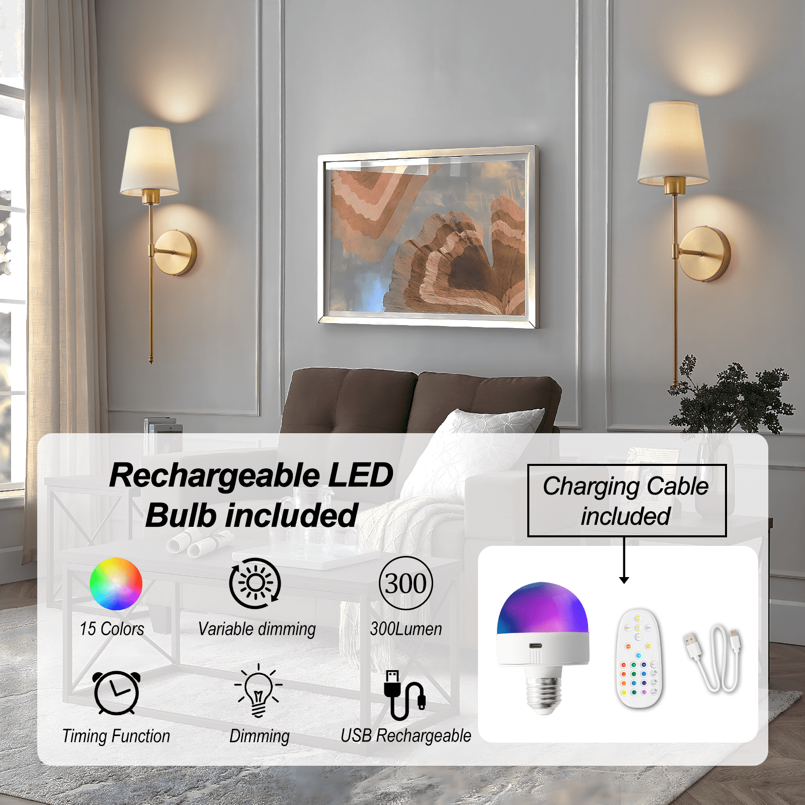 Keyinest Wireless Rechargeable Wall Sconce Set of 2, RGB Dimmable Light with 15 Colors and Remote Control, Modern Wall Lamp for Bedroom, Living Room, Hallway