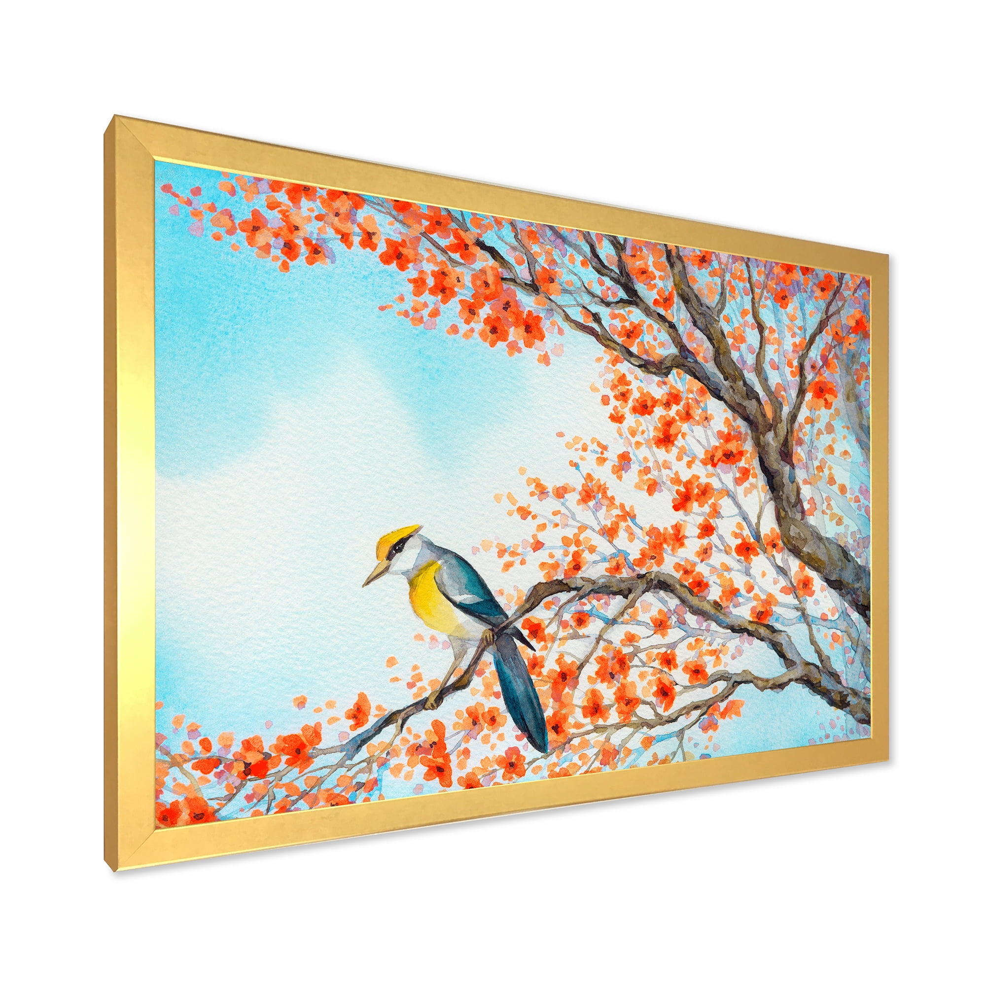 Beautiful Orange Bird Sitting On Flowering Branch 40 in x 30 in Framed Painting Canvas Art Print, by Designart