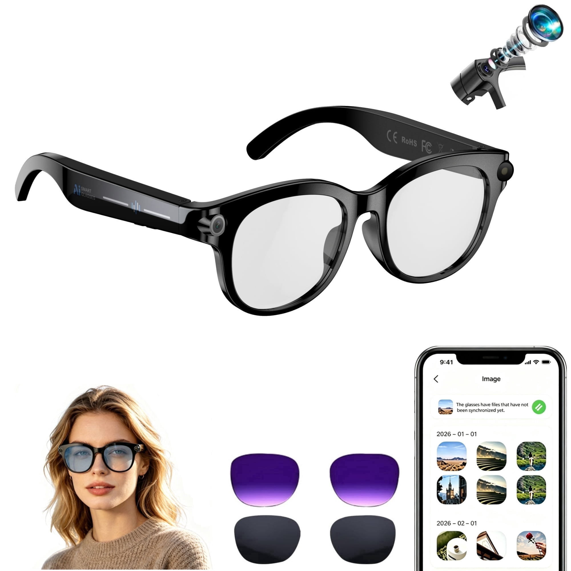 ouhos AI Smart Glasses with 8MP Camera, 4K Video Photo Capture, Real-Time Translation, Recording, AI Assistant, Open-Ear Audio, Bluetooth, Object Recognition, Replaceable Sunglasses Lenses for Travel