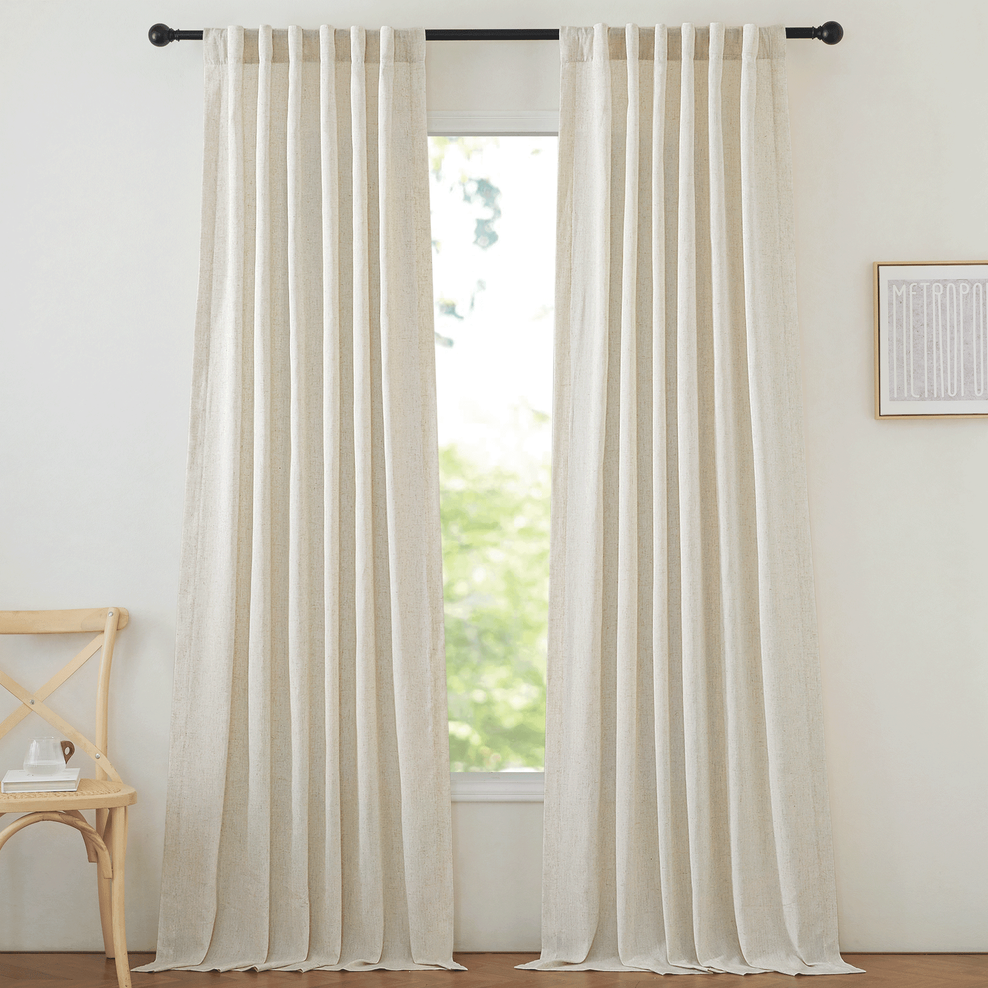 NICETOWN Natural Linen Curtains for Bedroom, 2 Panels, Flax Linen Light Filtering Privacy Added Hook Belt/Backtab/Rod Pocket Window Drapes, 50"x 90"