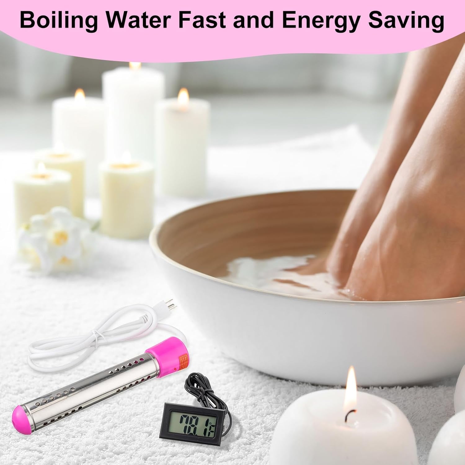 DICEEVIL Immersion Water Heater, 2000W Portable Bucket Heater with Timer Digital Thermometer Stainless-Steel Portable Submersible Water Heater for Inflatable Pool Bathtub, Basin, Pink