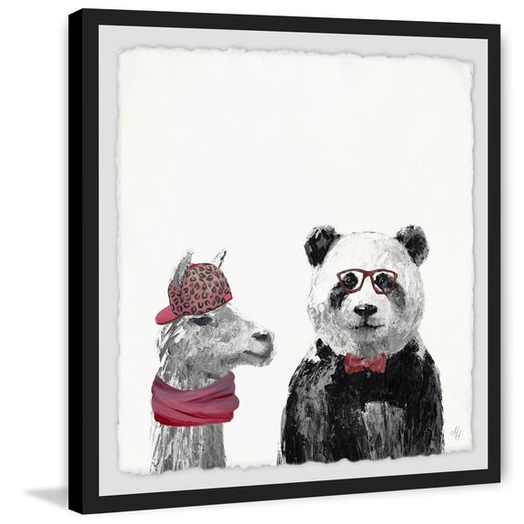 Panda And Llama In Pink Framed Painting Art Print, 12.00" x 1.50"