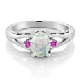 thumbnail image 2 of Gem Stone King 925 Sterling Silver White Simulated Opal and Pink Sapphire 3 Stone Engagement Ring for Women | 1.15 Cttw | Oval Cabochon 8X6MM | Round 2MM | Gemstone October Birthstone | Size 6, 2 of 4