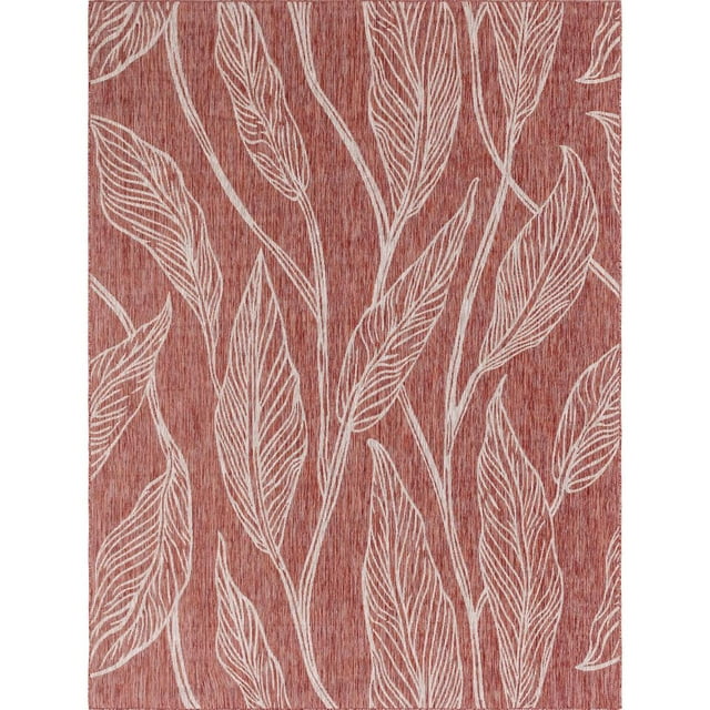 Unique Loom Botanical Collection Casual Leafs Transitional Indoor and Outdoor Flatweave Area Rug, 9 x 12 Feet, Rust Red/Gray