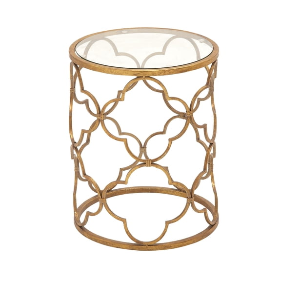 DecMode 16" x 20" Gold Metal Quatrefoil Design Accent Table with Clear Glass Top, 1-Piece