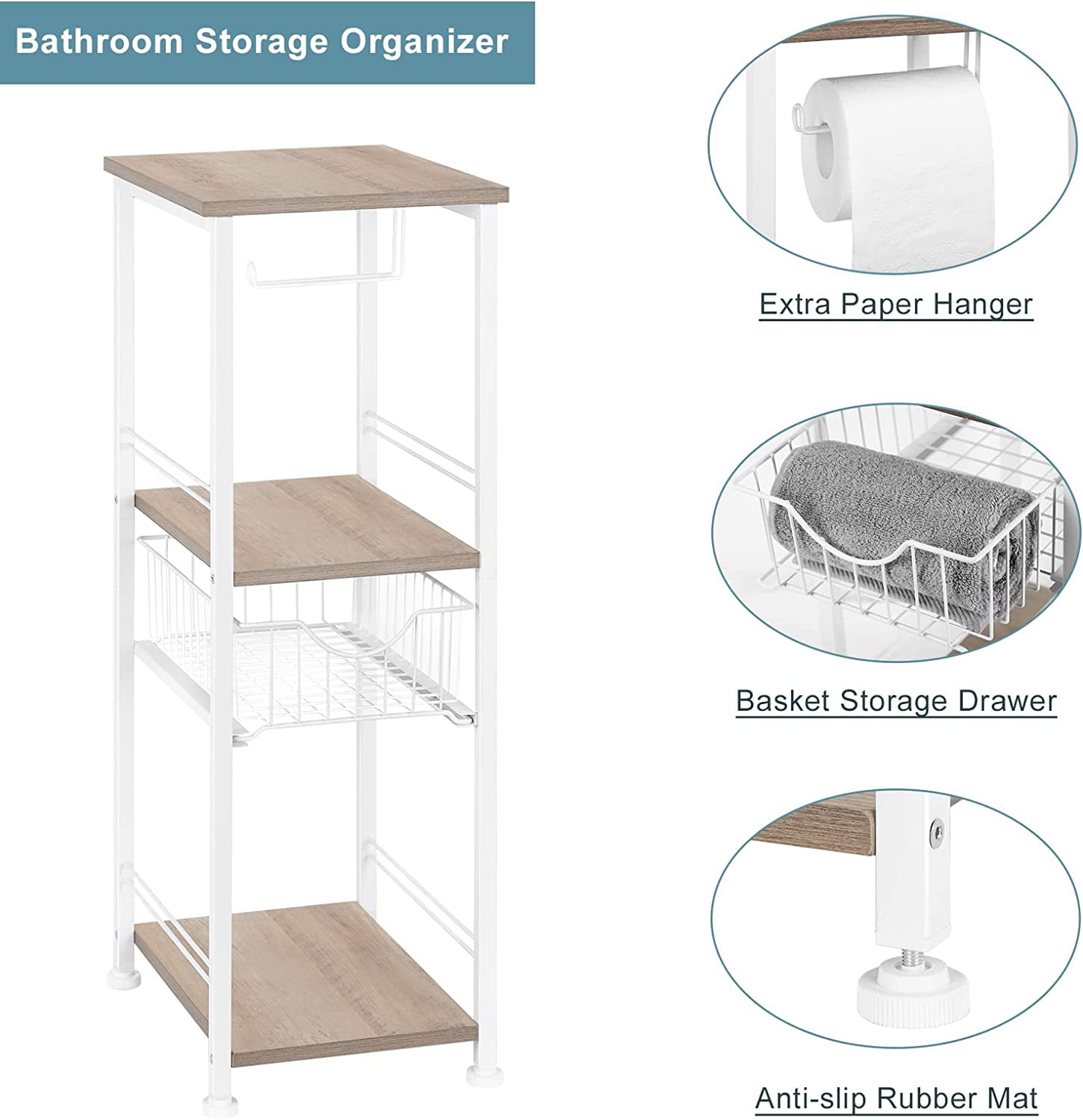 Freestanding Bathroom Shelf with Drawer Toilet Paper Storage Stand Org