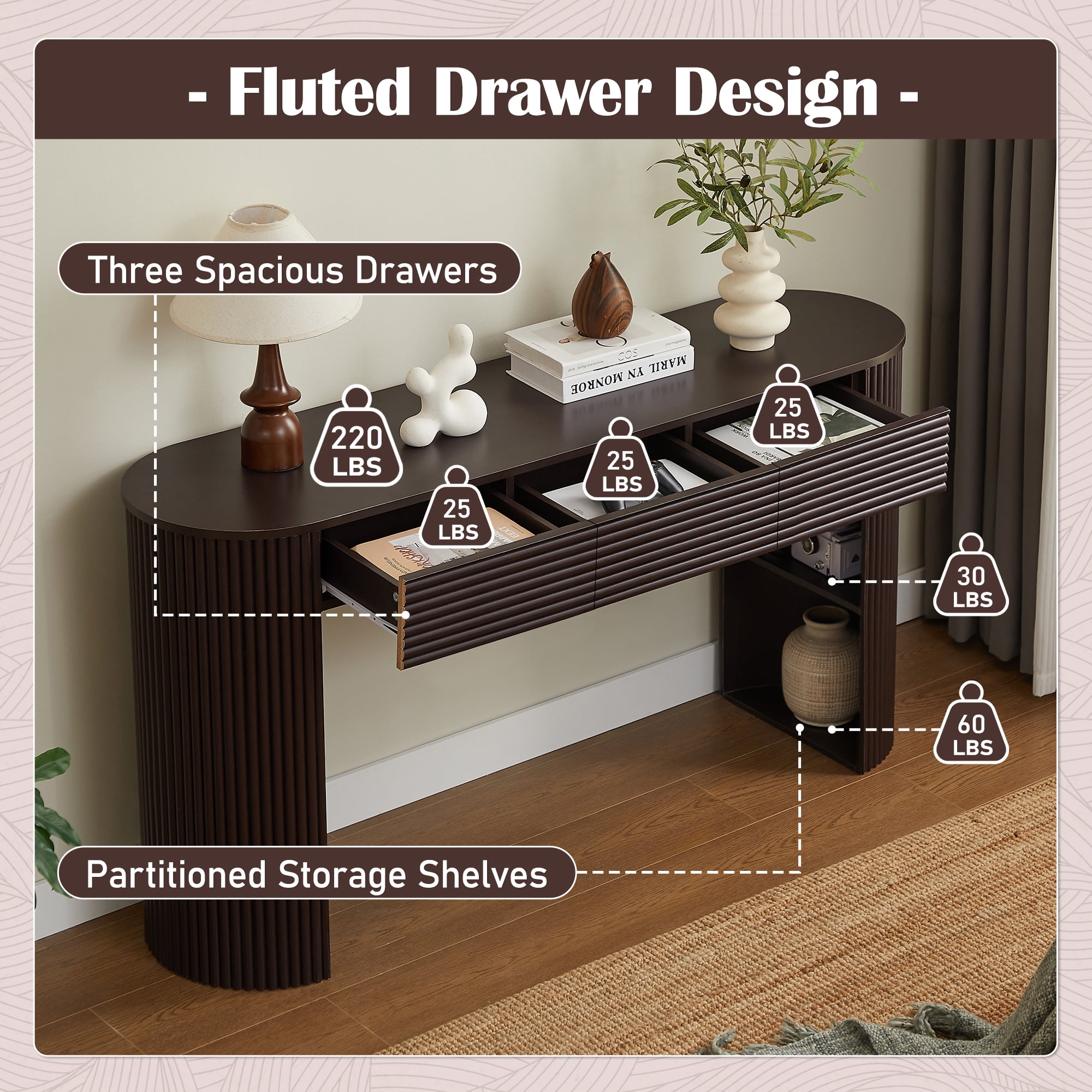 Mintazer 60"L Console Table with 3 Storage Drawers & 1 Table-Leg Niche for Entryway Living Room Hallway,Bedroom, Espresso