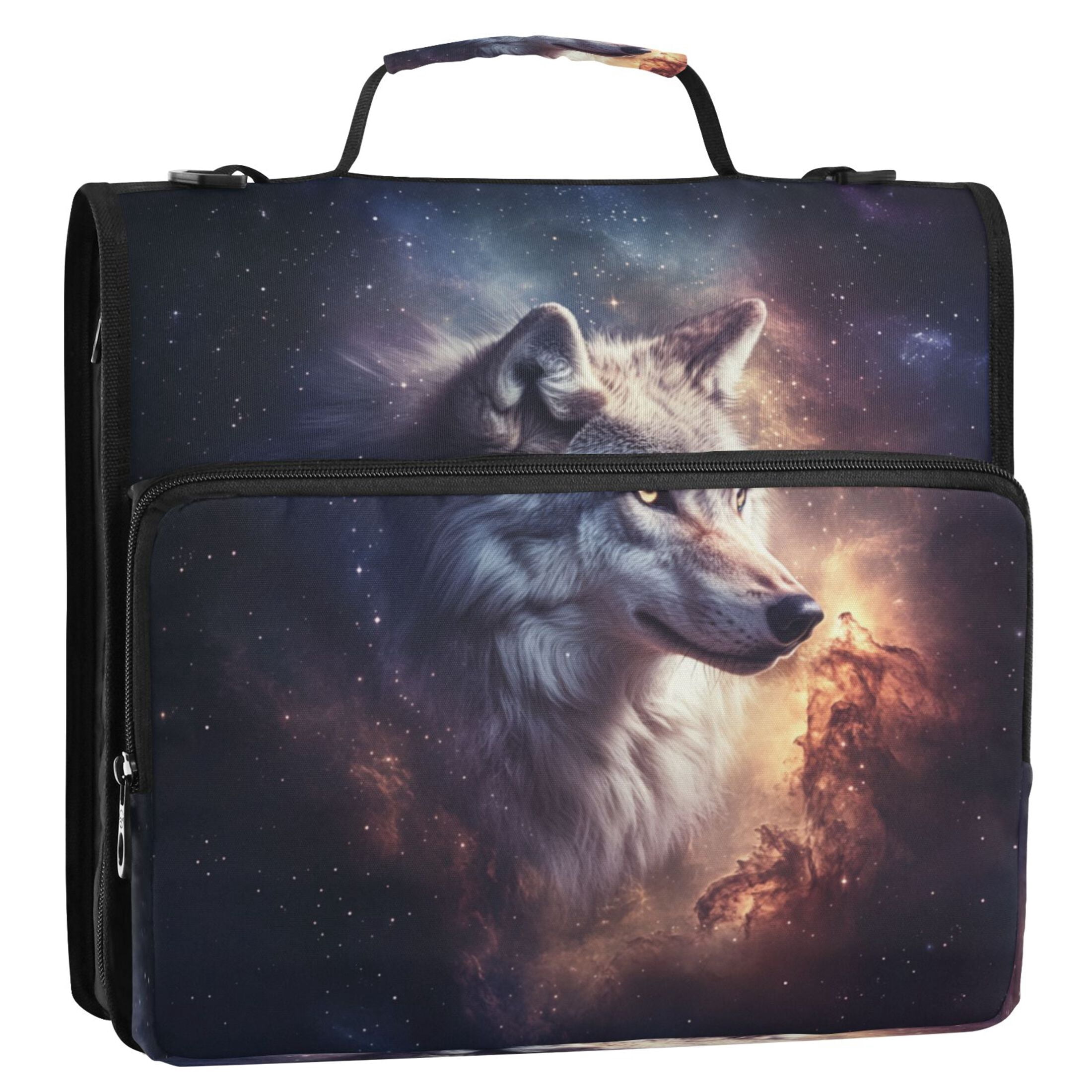 Water-Resistant 3-Ring Binder Organizer with Multiple Pockets Zipper Binder Bag for Office Majestic Wolf