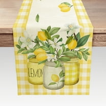 Yellow Buffalo Check Summer Table Runner , Lemon Vase Spring Fall Farmhouse Rustic Holiday Runners Kitchen Dining Table Decoration for Indoor Outdoor Dinner Party 13X72inch