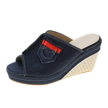 

Women Wedge Denim Sandals Platform Sandals Fashion Versatile Fish Mouth Breathable Wedge Slippers Sandals Linen sandals for Women Blue