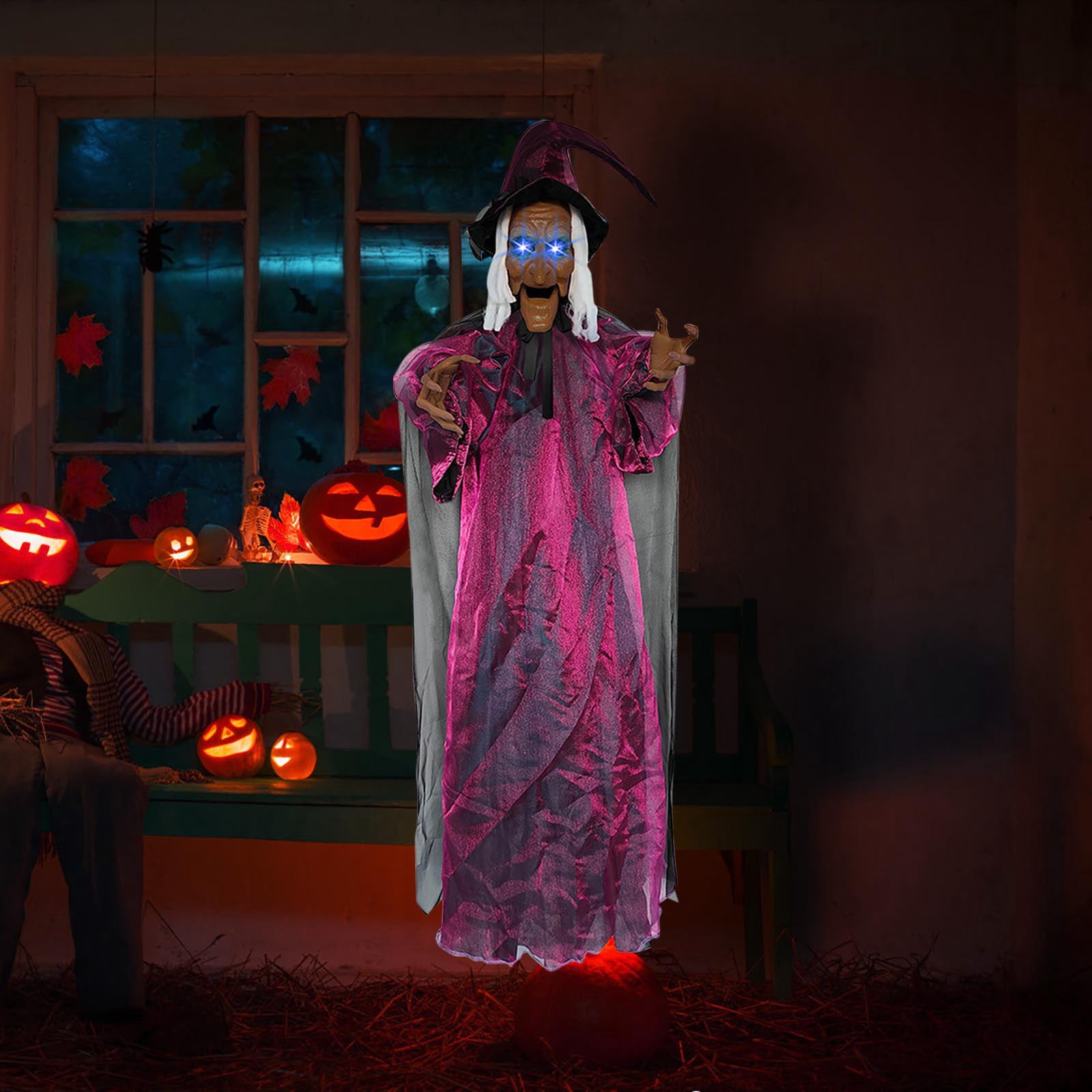 Halloween Animatronics Witch Clearance, Voice Activated Purple Escape Haunt Halloween House Decor & Fright Fest Prop, Life Size Animated Halloween Decoration Outdoor