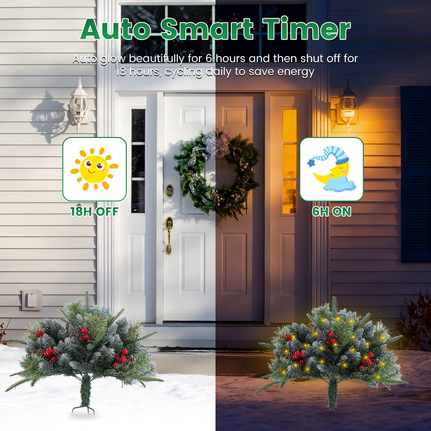 Astoutdoor Lighted Artificial Christmas Tree Urn Filler, 17.72 in, 8 Lighting Modes, 50 Warm LEDs, Auto Timer, IP44 Waterproof, Battery Operated, Indoor Outdoor, 2-Pack