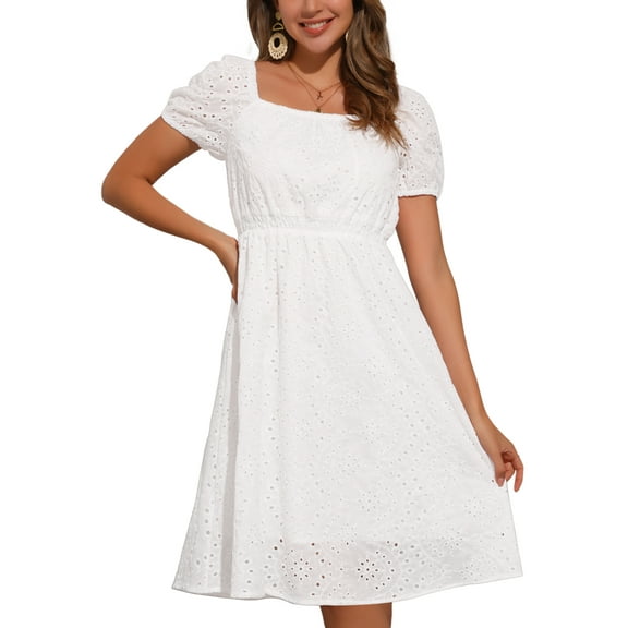 INSPIRE CHIC Women's Square Neck Short Puff Sleeve Elastic Waist Casual A-Line Summer Eyelet Midi Dresses S White