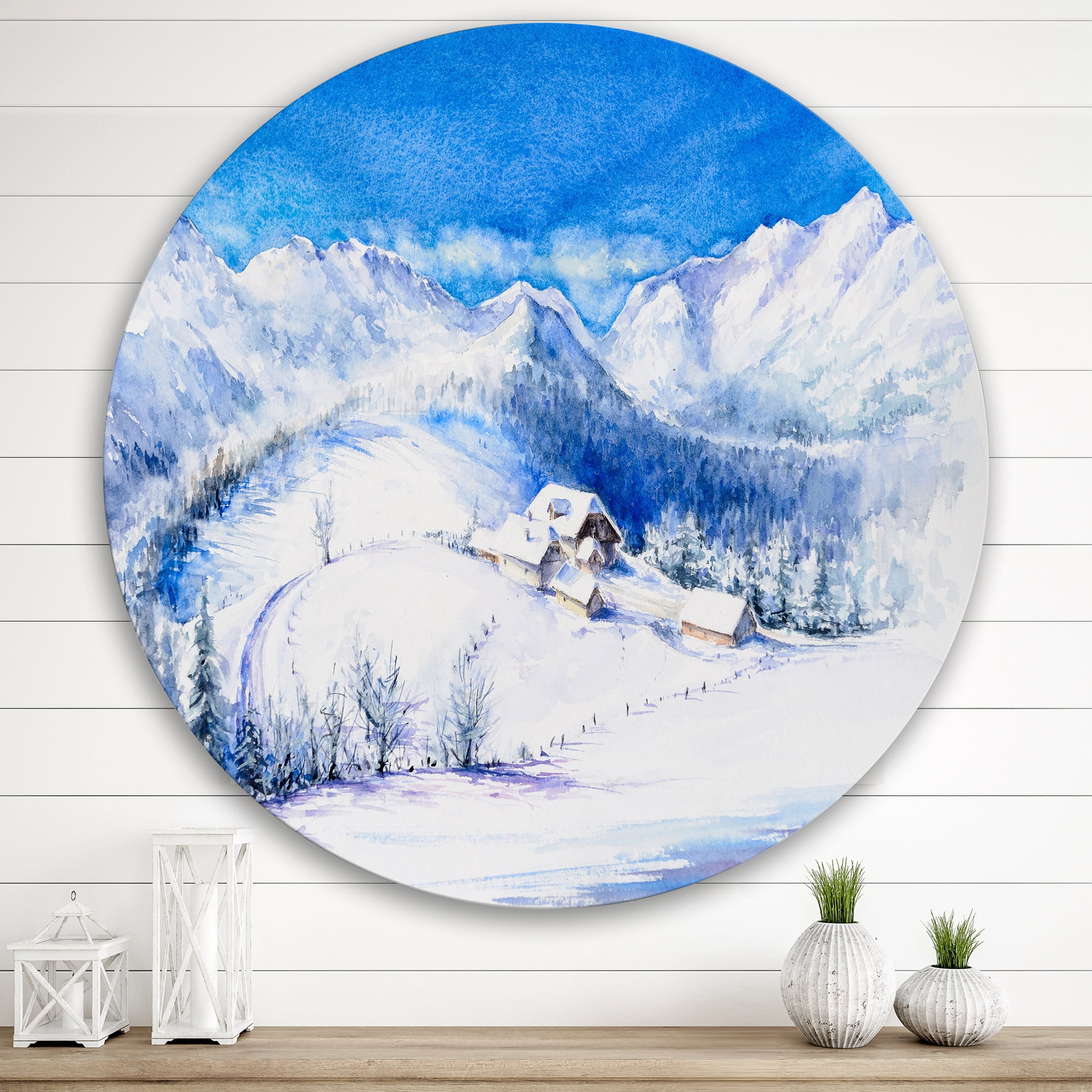 Designart 'Wooden House With Winter Mountain Landscape' Traditional Circle Metal Wall Art 29x29 - Disc of 29