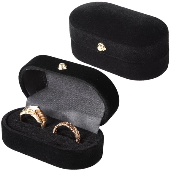 2PCS Dual Slots Velvet Ring Boxes, Ring Present Box, Vintage Black Elegant Oval Ring Case for Weddings and Anniversaries