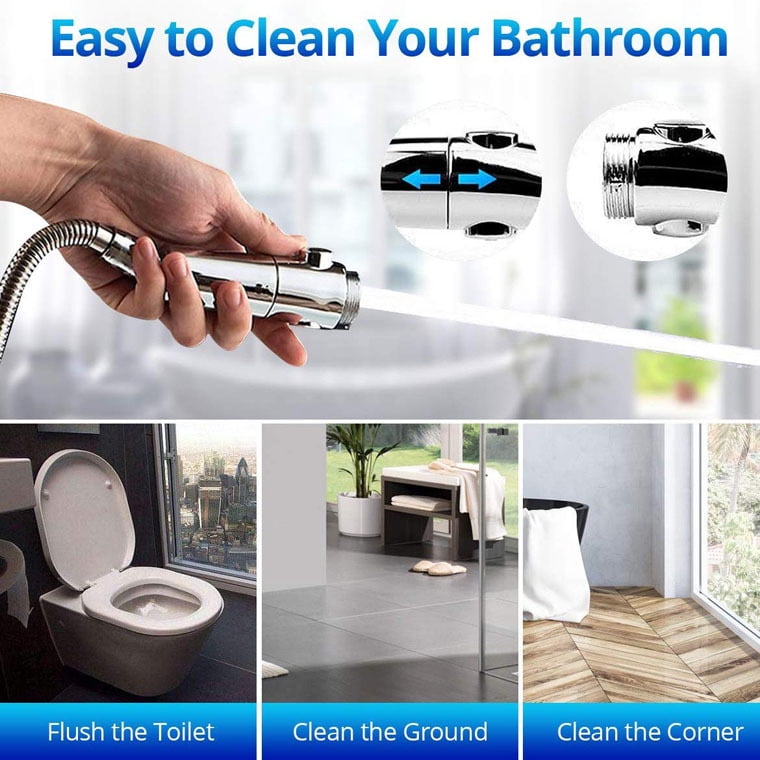 Chrome High Pressure Handheld Shower Head with ON/OFF Pause Switch, 3 Spray Modes Shower Wand with Shut Off Button, Removable Camper Shower Head with Hose and Adjustable Angle Bracket