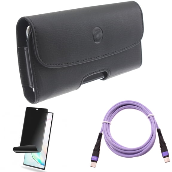 Privacy Screen Protector & Purple 10ft PD Cable & Case Belt Clip for Samsung Galaxy Note 20 (6.7") - Combo with TPU Film Anti-Peep & Type-C to USB-C Fast Charger Cord & Leather Holster