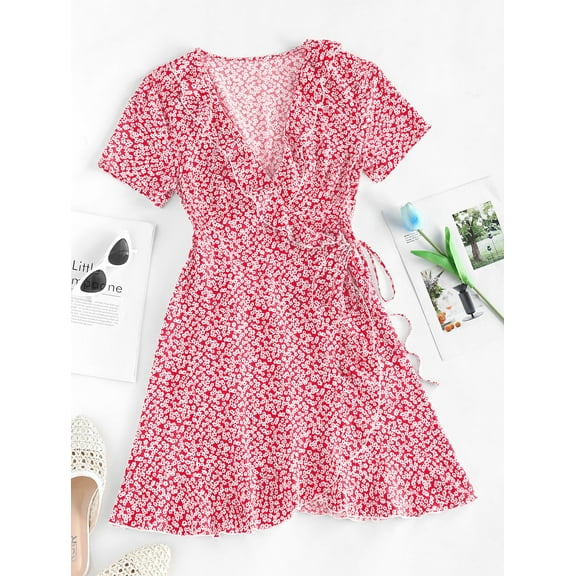 ZAFUL for Female leisure Ditsy Floral Ruffles Wrap Dress Red L