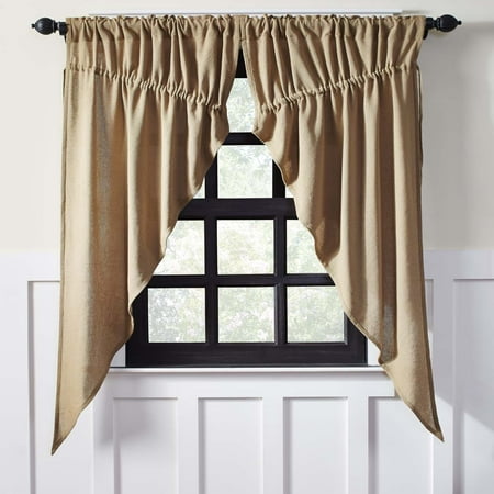 Prairie Style Panels - Natural Tan Farmhouse Curtains Burlap Chocolate Rod Pocket Cotton Drawstring Ties Cotton Burlap Solid Color Prairie Panel Pair