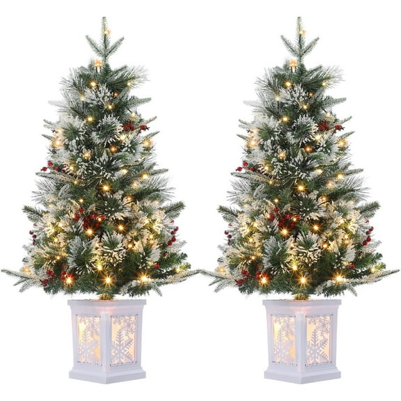 Roromall 3ft Pre-Lit Christmas Tree Set of 2, Artificial Christmas Trees with 78 LED Lights, Snow Flocked Prelit Xmas Tree with Lighting Base, Battery Operated & Timer Function