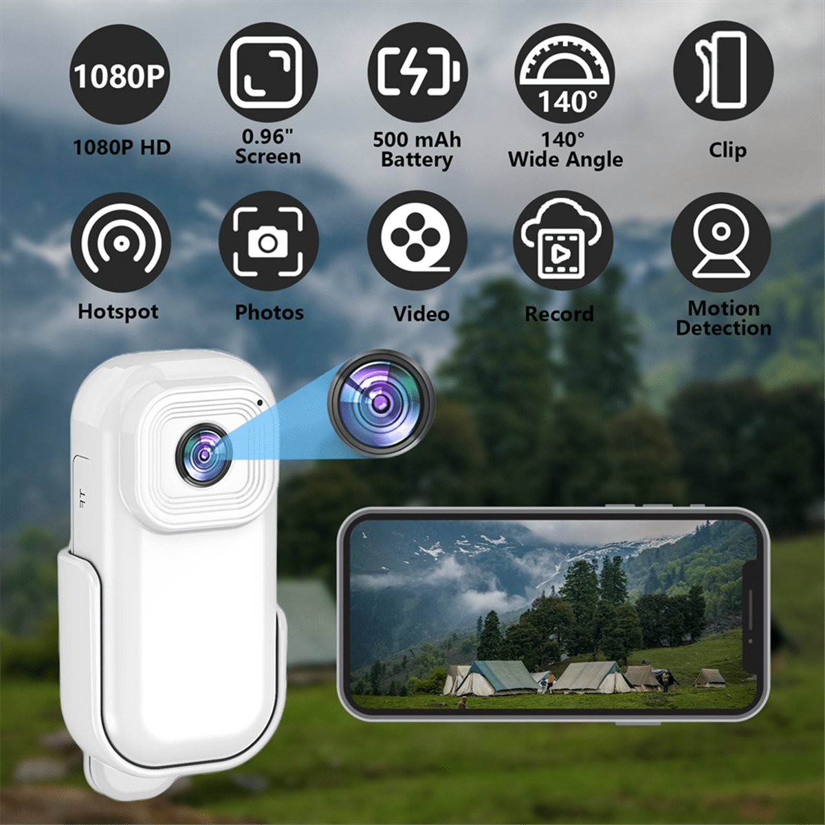 1080P Mini Wifi Camera Portable Body Camera Action Cam Sport DV with Screen Video Recording Camera Back Clip - White