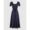 thumbnail image 6 of Navy Blue Short Sleeve Square Neck Midi Dress For Women, Slim Fit A-Line Elegant Casual Dress, 6 of 8