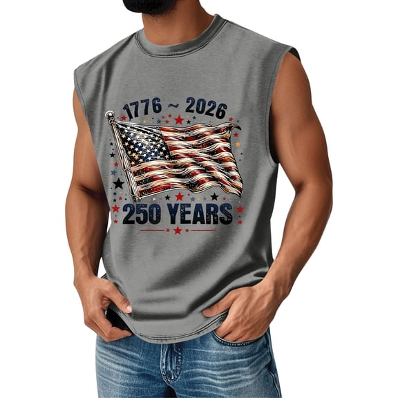 Havenx Men's 4th Of July Shirts American Flag Design Sleeveless Shirt Crew Neck Fun Graphic Tanks 250 Years Of Freedom 4th Of July Tee Tops,Gray 3XL