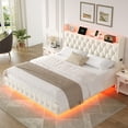 thumbnail image 6 of Hiphuta King Size Floating Upholstered Beds with LED Lights, Velvet Leather Sturdy Platform Bed with Charging Station & Button Tufted Headboard Storage, White, 6 of 8