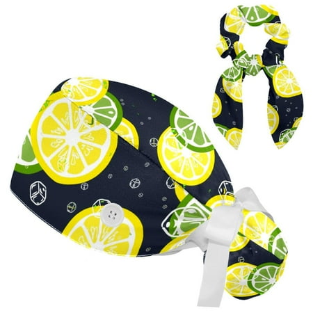 

Working Cap with Buttons and Sweatband Scrub Hat Bouffant Caps with Scrunchie Fruity Lemon Tie Back Hats