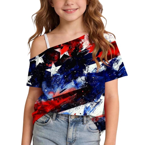 FAVIPT Teen Girl 4th of July Tops Summer 250 Years American Flag Shirt One Shoulder Patriotic Shirts Independence Day Tshirts Multicolor,9 Years
