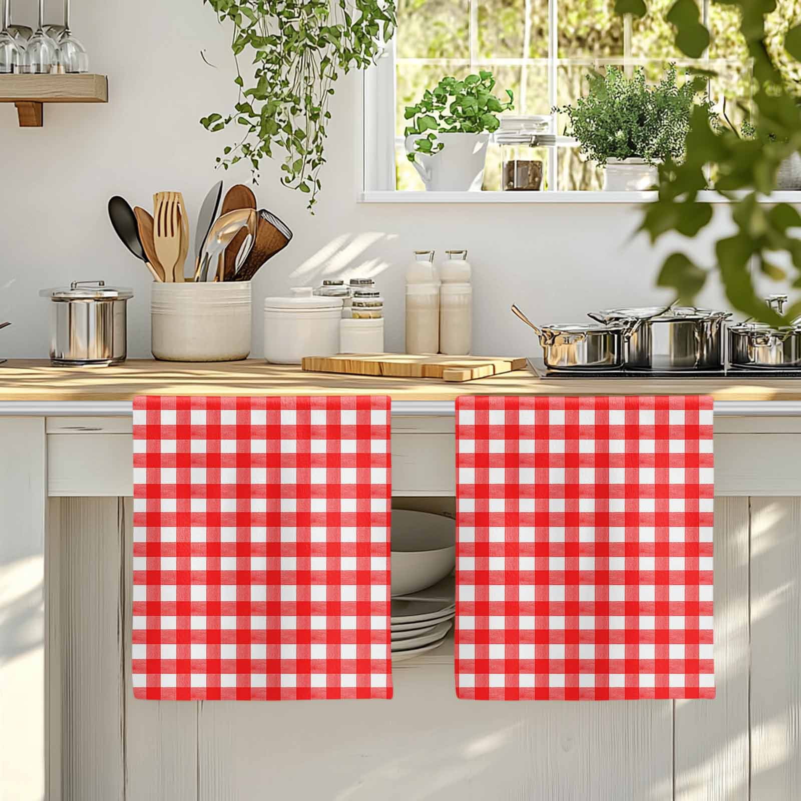 Dish Towels, Red Buffalo Plaid Absorbent Kitchen Towels 2 PCS, Pastoral Checkered Microfiber Hand Towels Dish Cloths Tea Towels for Home&nbsp;Bathroom Cleaning Drying,18X28-Inch,