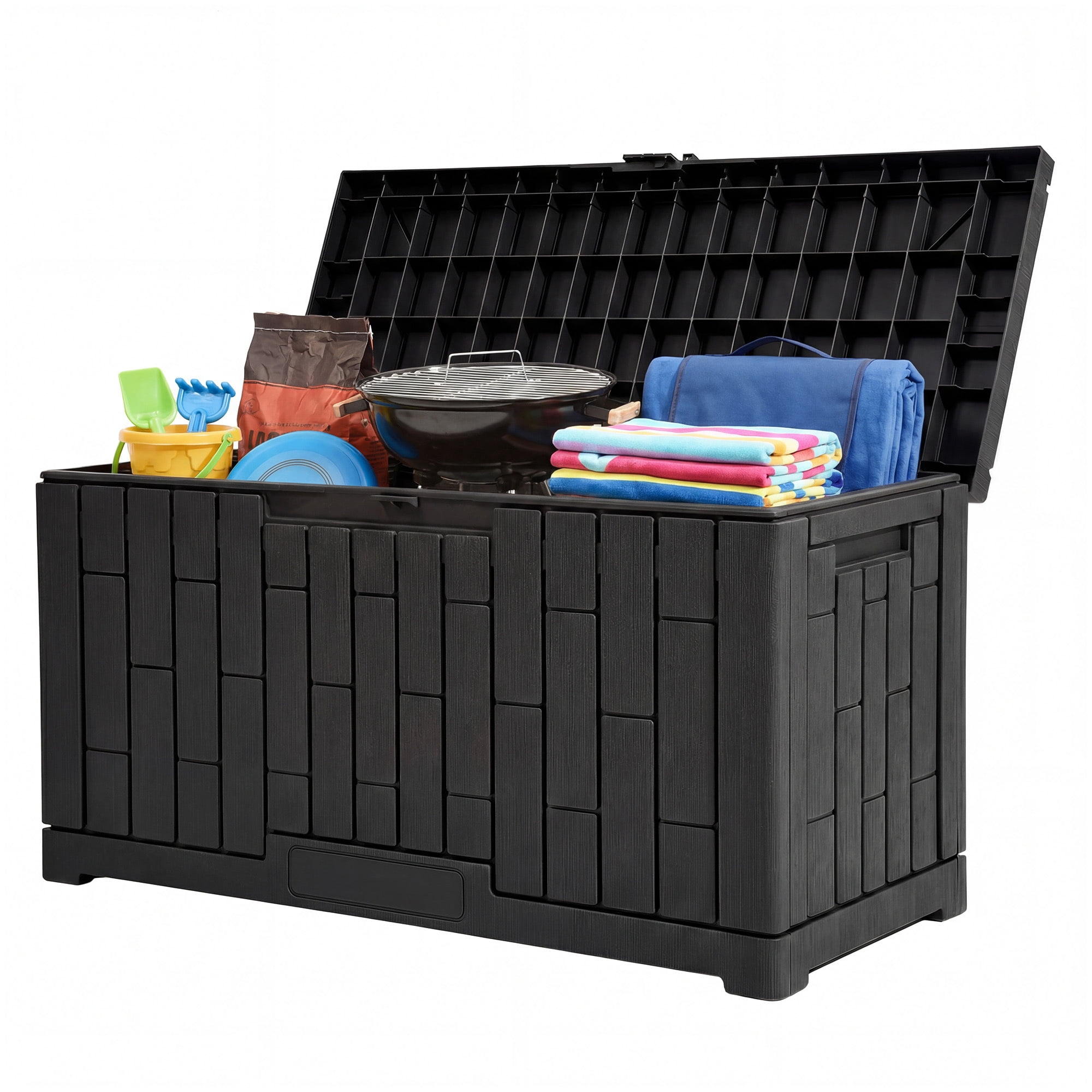 Dextrus 60 Gallon Weatherproof Rattan Deck Box, Heavy-Duty Resin Outdoor Storage Box with Slide-Locking Lid, Lockable Multi-Purpose Organizer for Patio, Garden and Home Essentials, Black