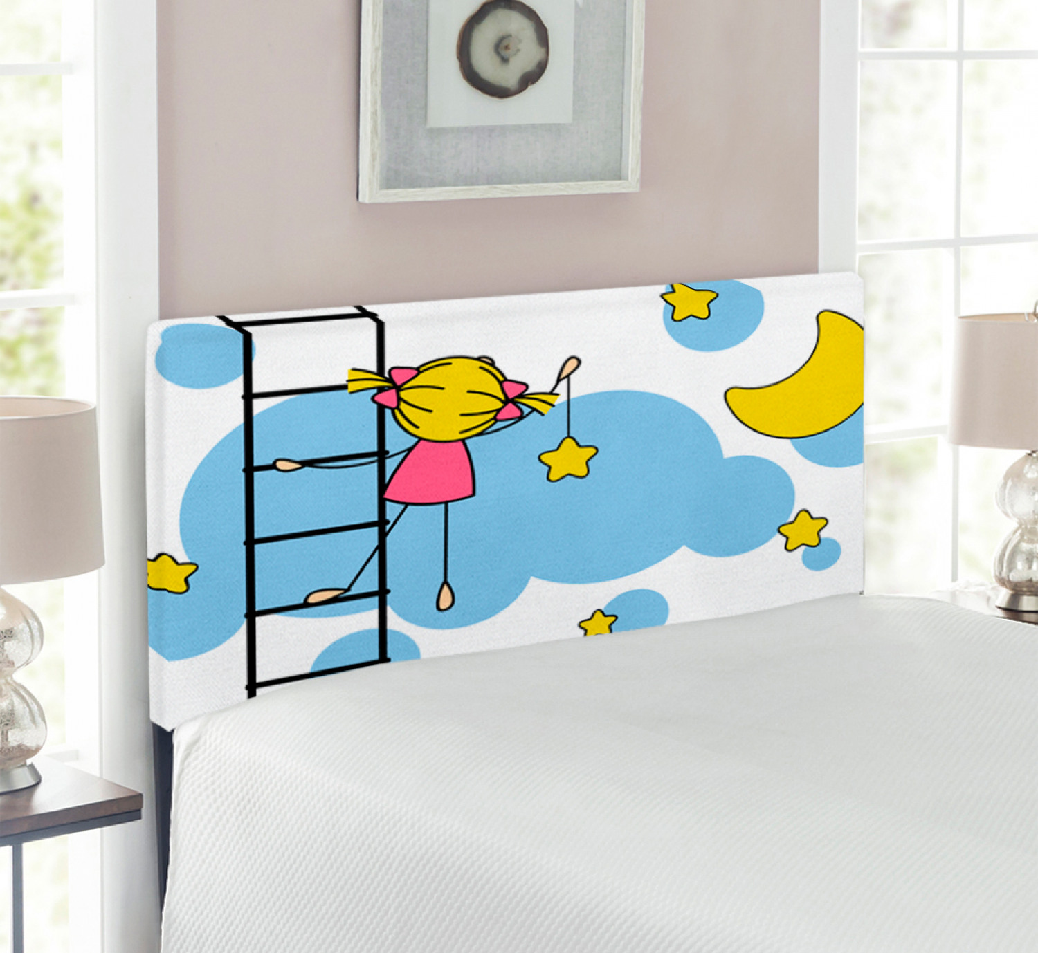 Star Headboard, Girl on Ladder Hanging a Star in the Night Sky with Half Moon Cartoon Picture, Upholstered Decorative Metal Bed Headboard with Memory Foam, Twin Size, Yellow Blue, by Ambesonne - image 2 of 4