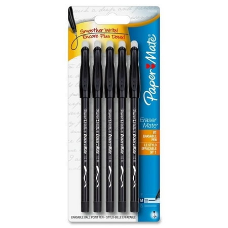 NCAA Paper Mate Ballpoint Ink Pen, Erasable, Medium Point, Black (Set of