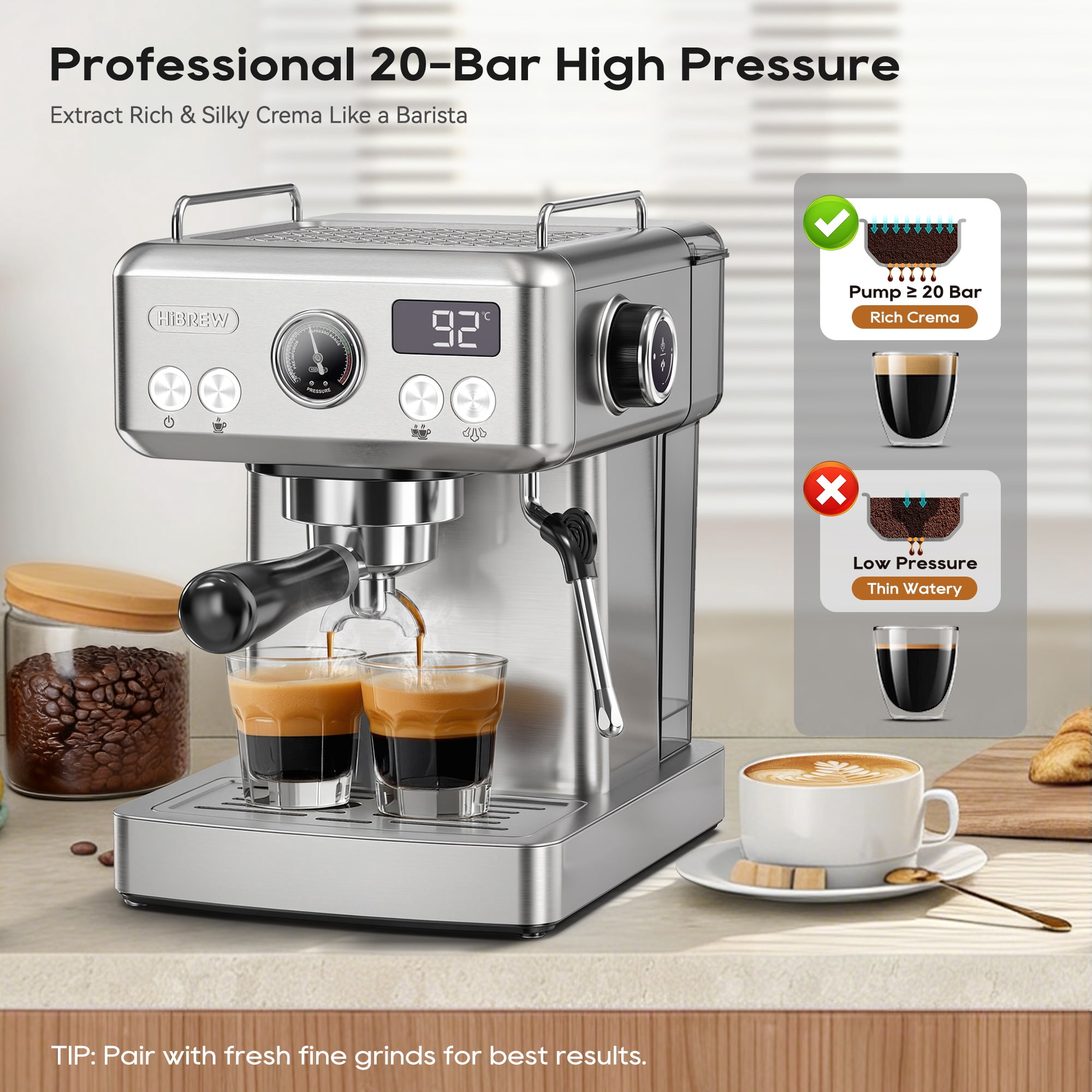 HiBREW 58mm Espresso Machine H10A, 20 Bar Coffee Maker with PID Temperature Control &Steam Wand, Stainless Steel Coffee Machine for Home Use