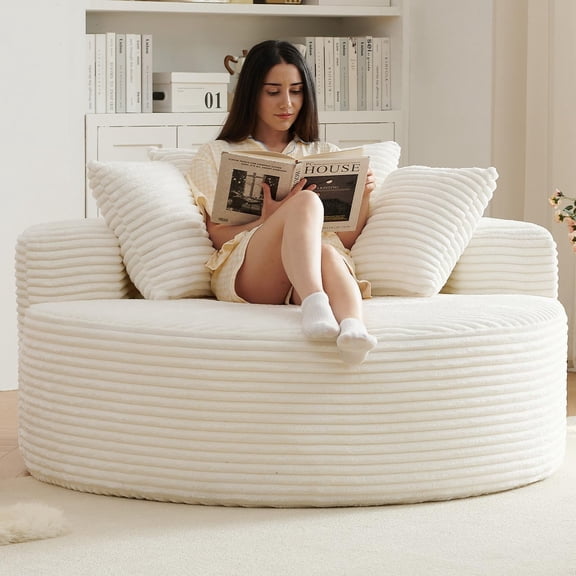LUCKHAO 55" Oversized Round Chaise Longue Chair, Corduroy Sponge Single Sofa, Modern Lounge Chair for Living Room, Projection Room