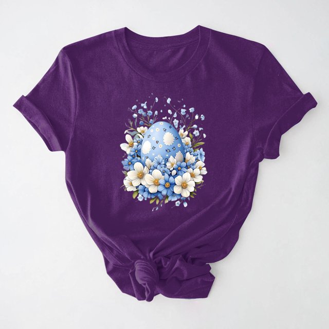 UPPADA Easter Femmes Oeufs Imprimé T-Shirts Heureux Easter Graphique Bunny Lapin Mignon T-Shirts Manches Courtes Décontracté Col Rond T-Shirts Été Basique Coupe Régulière Chandails Violet,TG