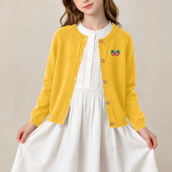 Mifsaly Girls Long Sleeve Cardigan Sweater Button Down Knit Cardigans Lightweight Cute Strawberry Embroidery Casual Fall Winter Warm School Outerwear