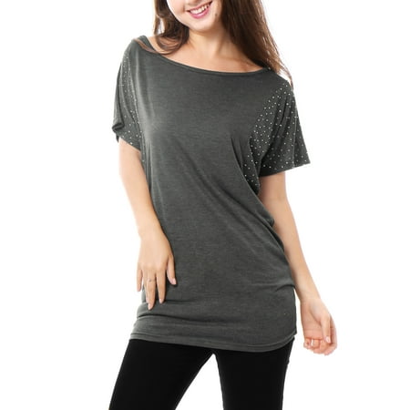 Allegra K Women's Batwing Rhinestone Tunic T Shirt Gray (Size XL / 16)