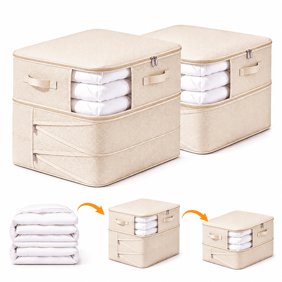 2 Pack Comforter Storage Bag, Large Capacity Blanket Storage Bags, 3-Layer Space Saving Compression Organizer, Washable Bags for Bedding Storage, Khaki